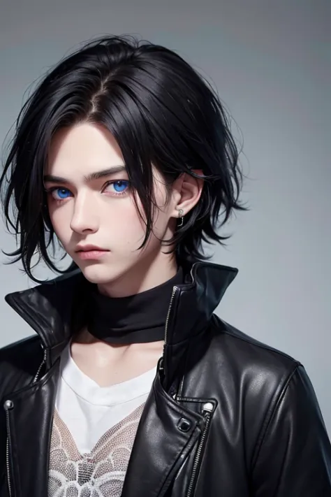 1 boy, messy black hair that falls into his eyes, storm blue eyes, thin square face, piercing, black coat,