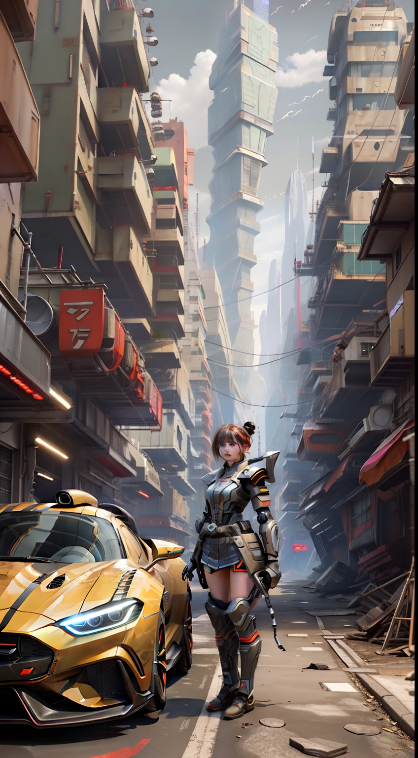 A futuristic sports car on the street of a futuristic city, robotic girl, samurai,