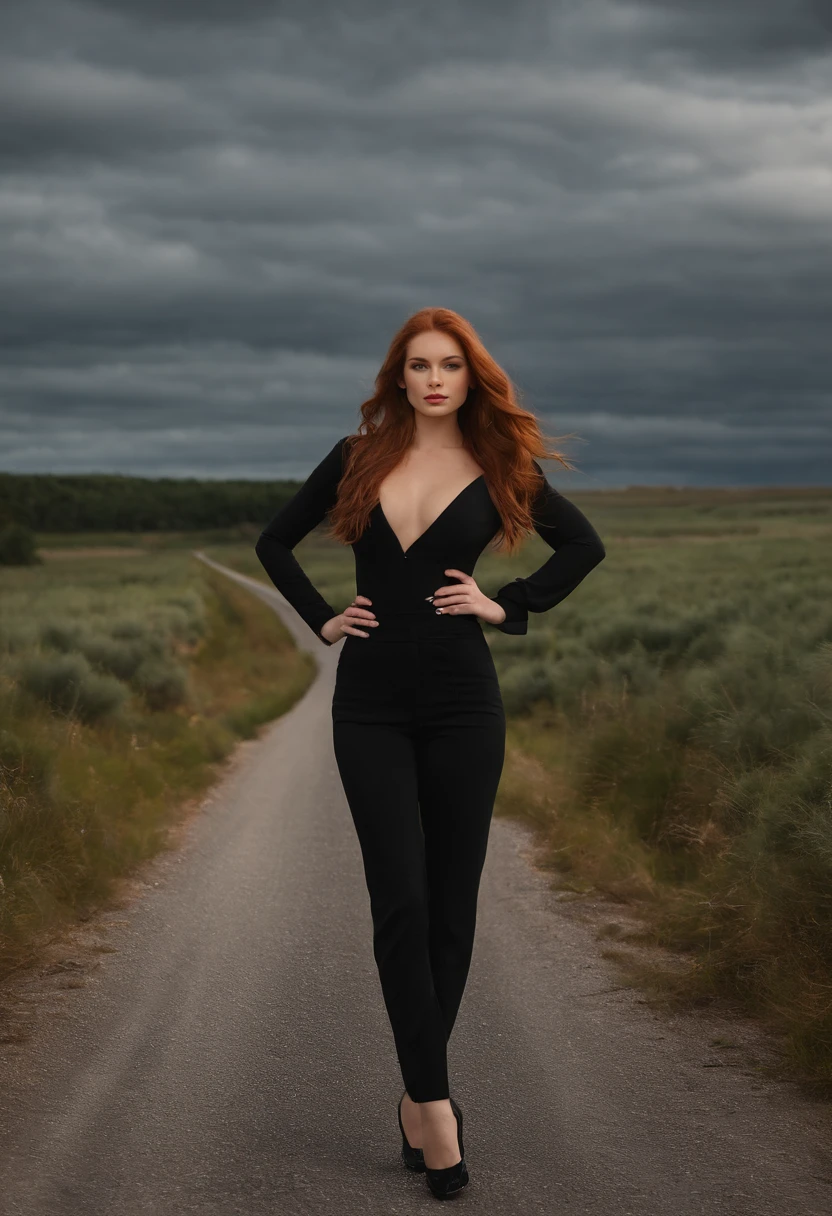 A woman in a black dress standing on a road - SeaArt AI