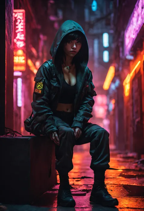 In the heart of the cyberpunk city, a mysterious scene unfolds as a demon girl, hiding in the shadows in crouching pose, hastily maneuvers through a dimly lit alley. Cloaked in a hooded military jacket and cargo pants, she becomes a phantom in the neon-lit...