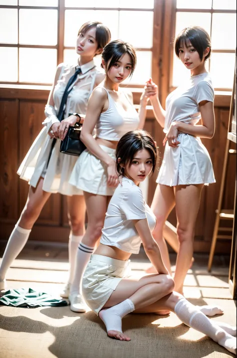 Three women wearing short skirts and white shirts taking pictures, Young skinny gravure idol, Young Pretty Gravure Idol, Young G...