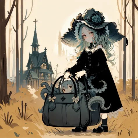 girl with a handbag. she is a tentacle monster from inside the basket. she has pigtailed hair. she is a black veil. in the fores...