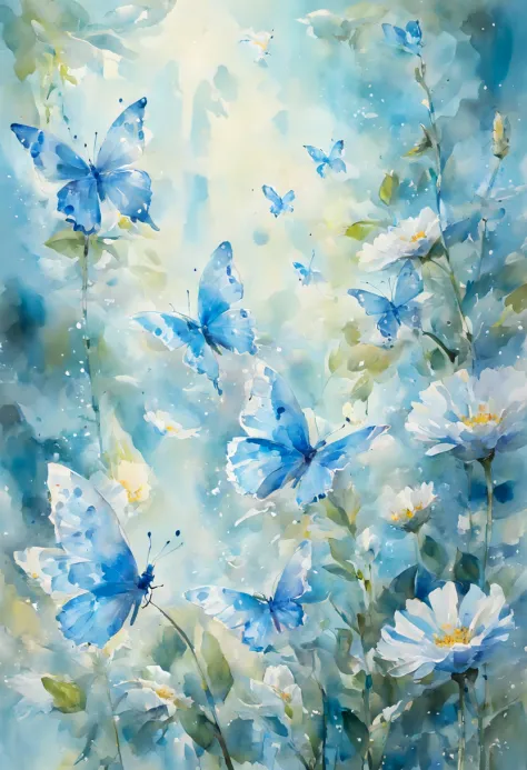 flowers turn into light blue sparkling butterflies in random sizes, impressionism, watercolor, tilting