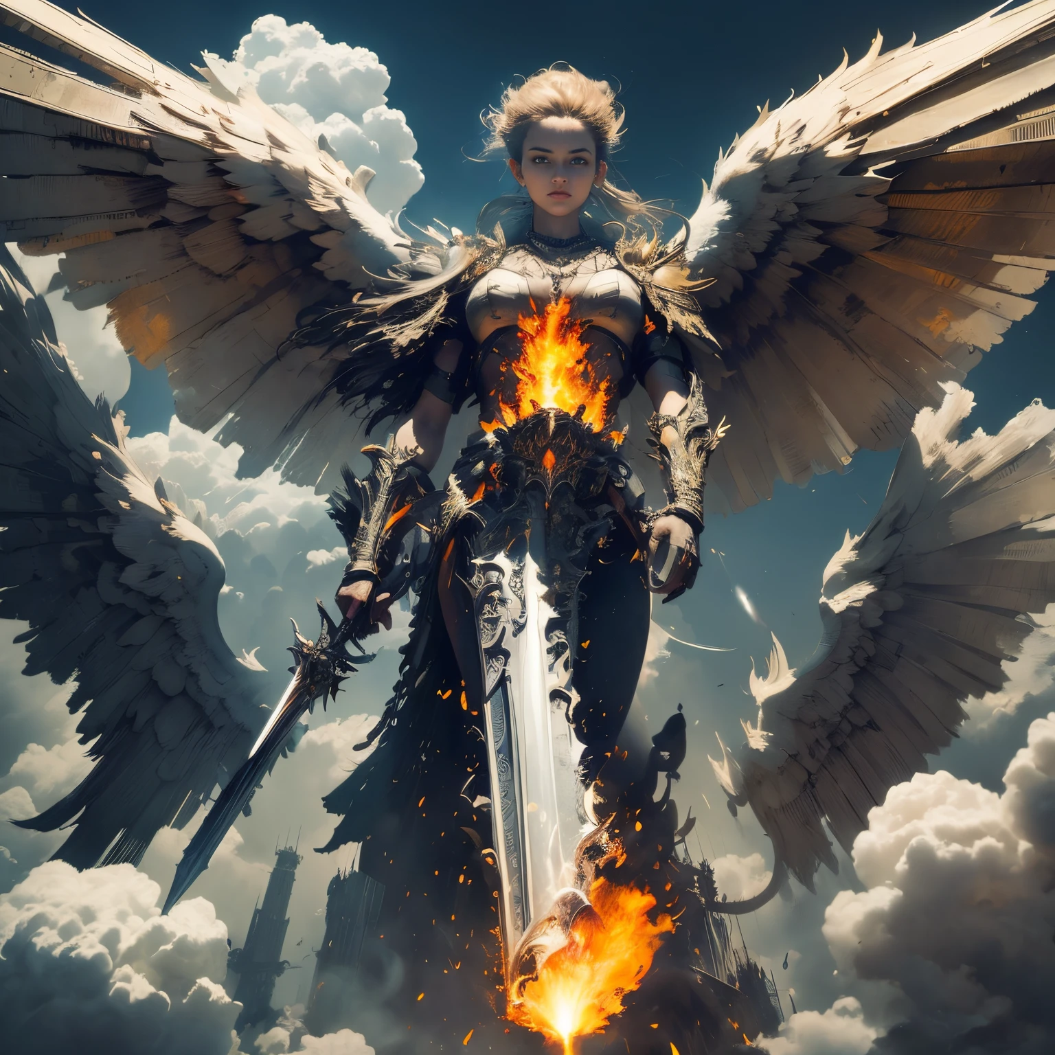 (mechanical), thunderstorm, having sword on fire, necklace on fire, (apocalypse), (flying above the city), huge angel, in the city, huge fire looks like wings,