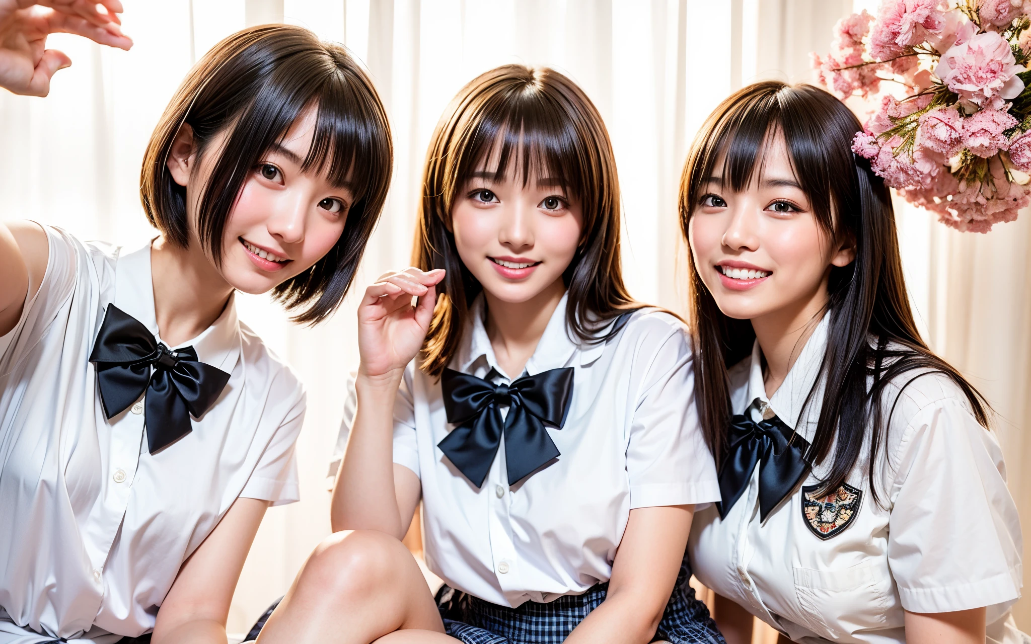 three asian girls in school uniforms posing for a picture, Seifuku, wearing japanese school uniform, Japan school uniform, closeup Iwakura Lain, japanese high school, Photo taken with Nikon D 7 5 0, Photograph Taken on Nikon D750, photograph taken in 2 0 2 0, sakimichan, japanese maid cafe, shikamimi , ((((Real:1.3)))), a small face, Cute little girl s,top-quality、hightquality、Extreme Detail Photography、Eye for extreme detail、Super Detail Face、Hair in super detail、Super detail body、8K, Raw photography, Masterpieces, high definition RAW color photos professional close-up photos, Realistic, Photorealism , Highest Quality, perfect anatomia ,the background is blurred , physically-based renderingt、Hi-Res, NSFW, perfect leg、Perfect fingers、perfect hand、Perfect body、The beauty of symmetry、Clean symmetry、Beautiful teeth、Beautiful teeth alignment、Japan Person Model、Perfect face,Cute, Cowboy Shot , Professional Lighting、a japanese girl,Slim Faces、、8K、​masterpiece、Natural makeup、lipgloss、exposed breast、Open crotch、enchanting posture, Crotch panties exposed、Transparent panties、