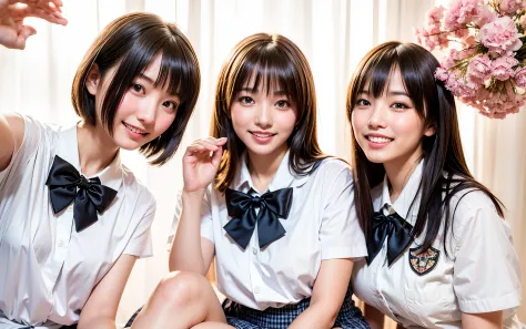 three asian girls in school uniforms posing for a picture, Seifuku, wearing japanese school uniform, Japan school uniform, close...