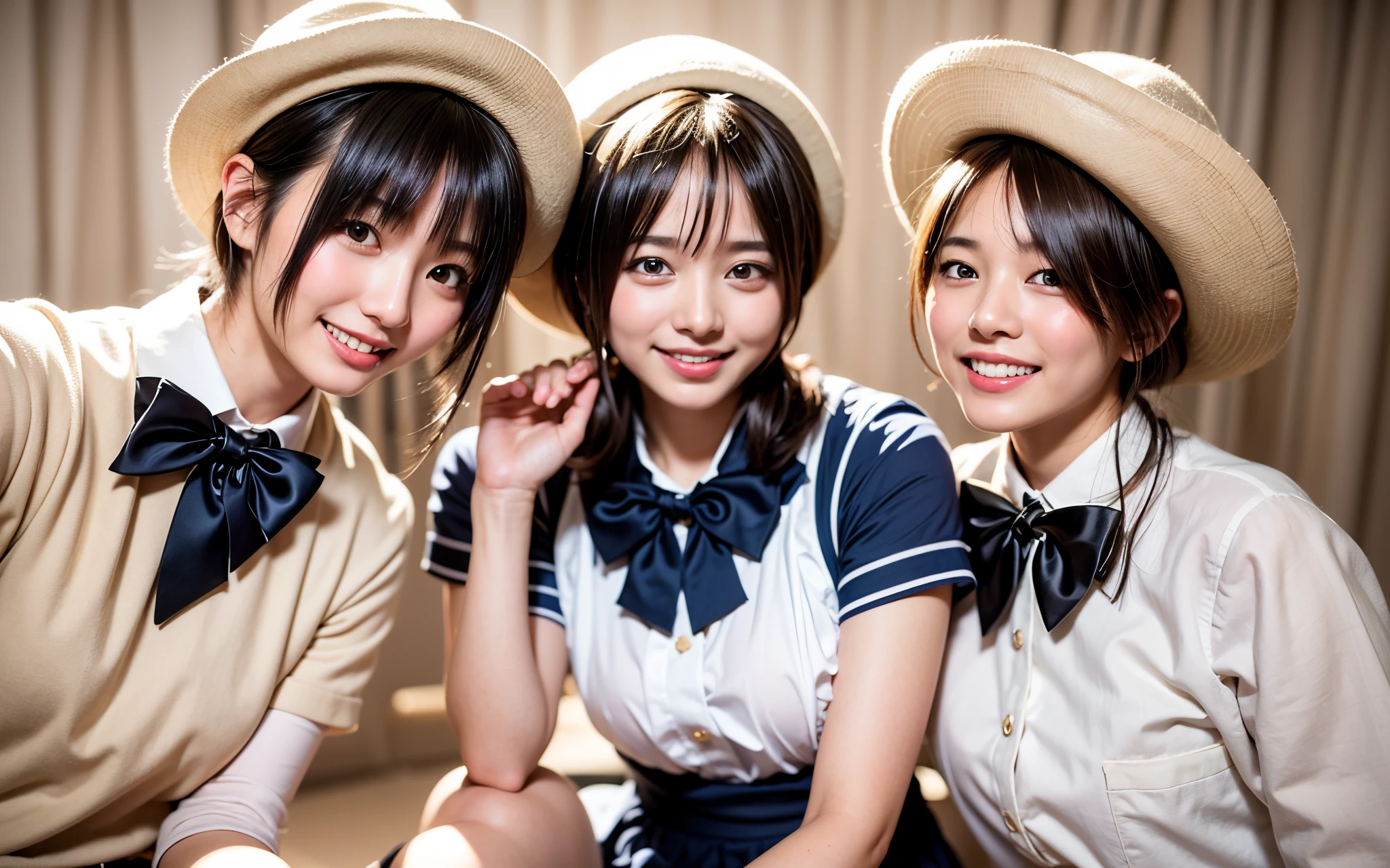 three asian girls in school uniforms posing for a picture, Seifuku, wearing japanese school uniform, Japan school uniform, closeup Iwakura Lain, japanese high school, Photo taken with Nikon D 7 5 0, Photograph Taken on Nikon D750, photograph taken in 2 0 2 0, sakimichan, japanese maid cafe, shikamimi , ((((Real:1.3)))), a small face, Cute little girl s,top-quality、hightquality、Extreme Detail Photography、Eye for extreme detail、Super Detail Face、Hair in super detail、Super detail body、8K, Raw photography, Masterpieces, high definition RAW color photos professional close-up photos, Realistic, Photorealism , Highest Quality, perfect anatomia ,the background is blurred , physically-based renderingt、Hi-Res, NSFW, perfect leg、Perfect fingers、perfect hand、Perfect body、The beauty of symmetry、Clean symmetry、Beautiful teeth、Beautiful teeth alignment、Japan Person Model、Perfect face,Cute, Cowboy Shot , Professional Lighting、a japanese girl,Slim Faces、、8K、​masterpiece、Natural makeup、lipgloss、exposed breast、Open crotch、enchanting posture, Crotch panties exposed、Transparent panties、