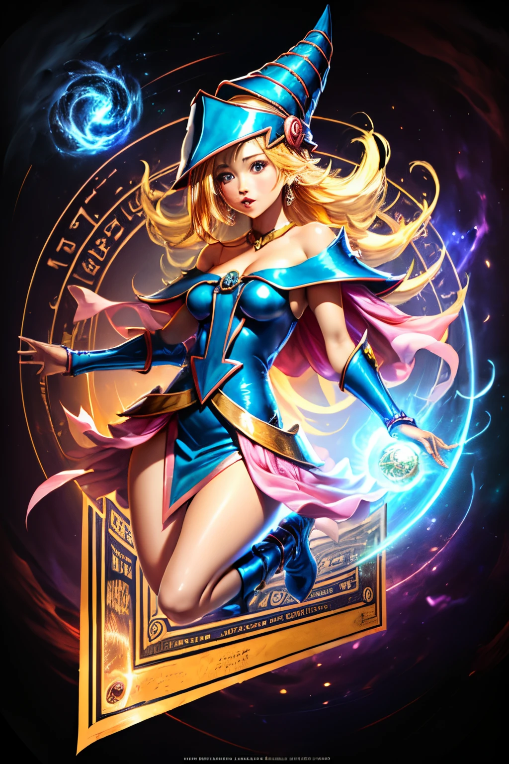 A dark magician girl floating tenderly, magical aura, fantasy background, bright rune, (( a Yu-Gi-Oh card under it)), giving a vibe that she was summoned,epic composition, (Complex details), (complex design, Ultra-details :1.2), art station, (masterpiece, The best quality), ultra HD, 32K ,Octane rendering, bioluminiscente,8k resolution concept art, realism,by Mappa studios,masterpiece,The best quality,official art,illustration,clear line,(fresco_Color),perfect composition,absurdities, fantasy,( Underneath it is a Yu-Gi-Oh card), Diagram