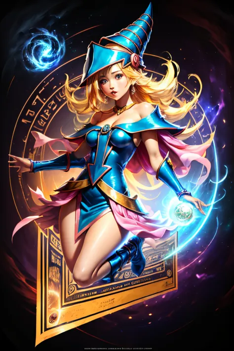 una chica maga oscura flotando tiernamente, magical aura, fantasy background, runa brillante, (( una tarjeta yu-gi-oh debajo de ...