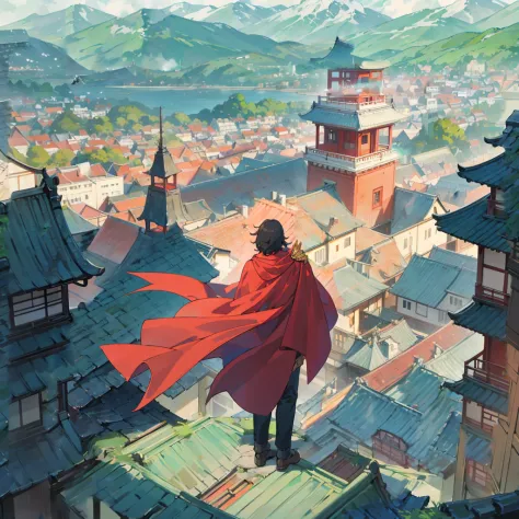 1 man, 1 man in a red cape and a crown, man standing on the edge of a building with his back turned, japanese city background, d...