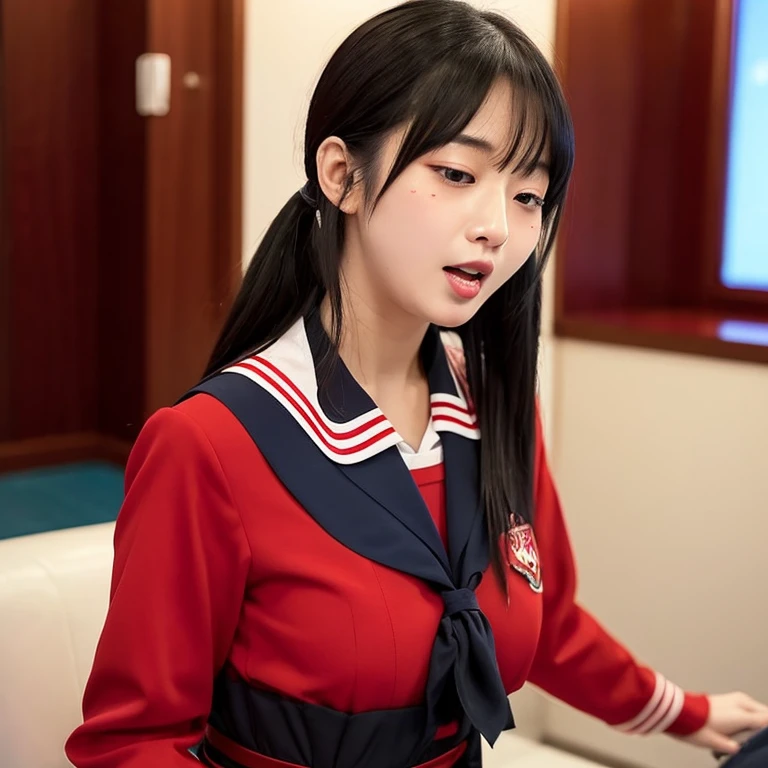 enter０１ Japan, a beautiful 18-year-old woman wearing a sailor suit with a  slender body with small breasts, long eyes, jet-black hair, a wareng  ponytail - SeaArt AI