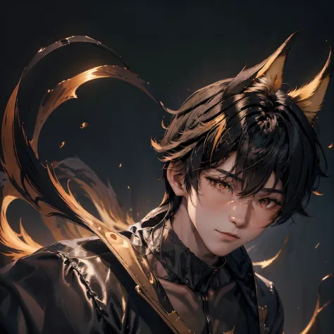 (1boy), (golden eyes), kitsune, shadow creature, body is surrounded by black mist, high res, quality, masterpiece, korean, holdi...