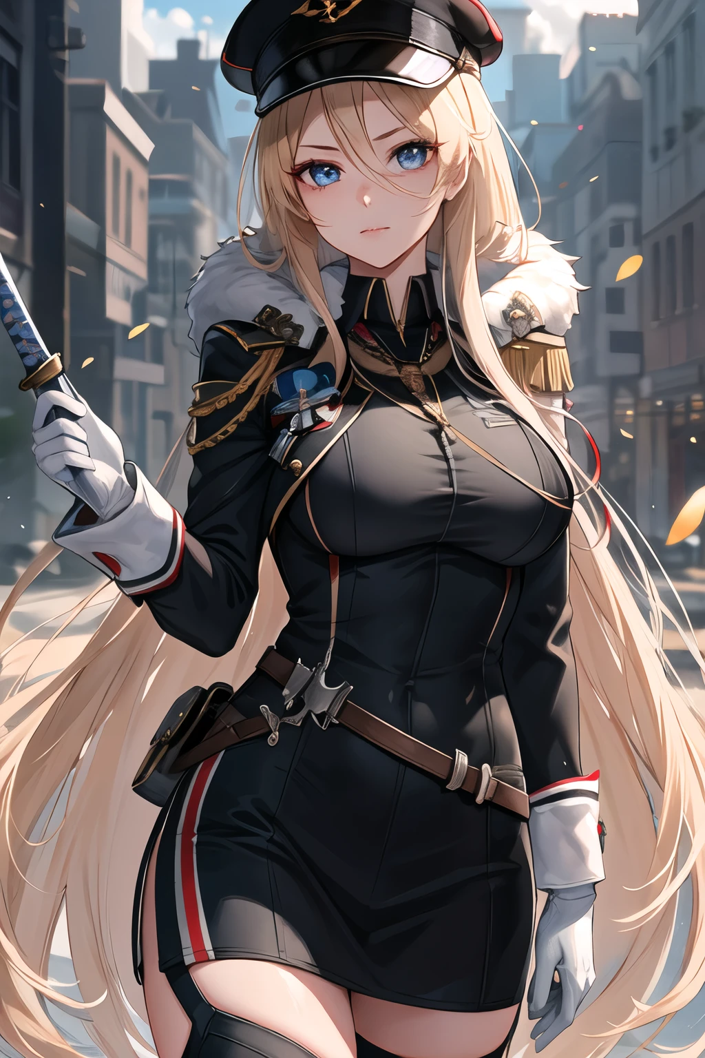 masterpiece, best quality, highres,  long hair, 1girl, solo,  bismarck, a woman wearing black BMR_uniform holding a sword, medal on left shoulder, BIS_hat, white glove,