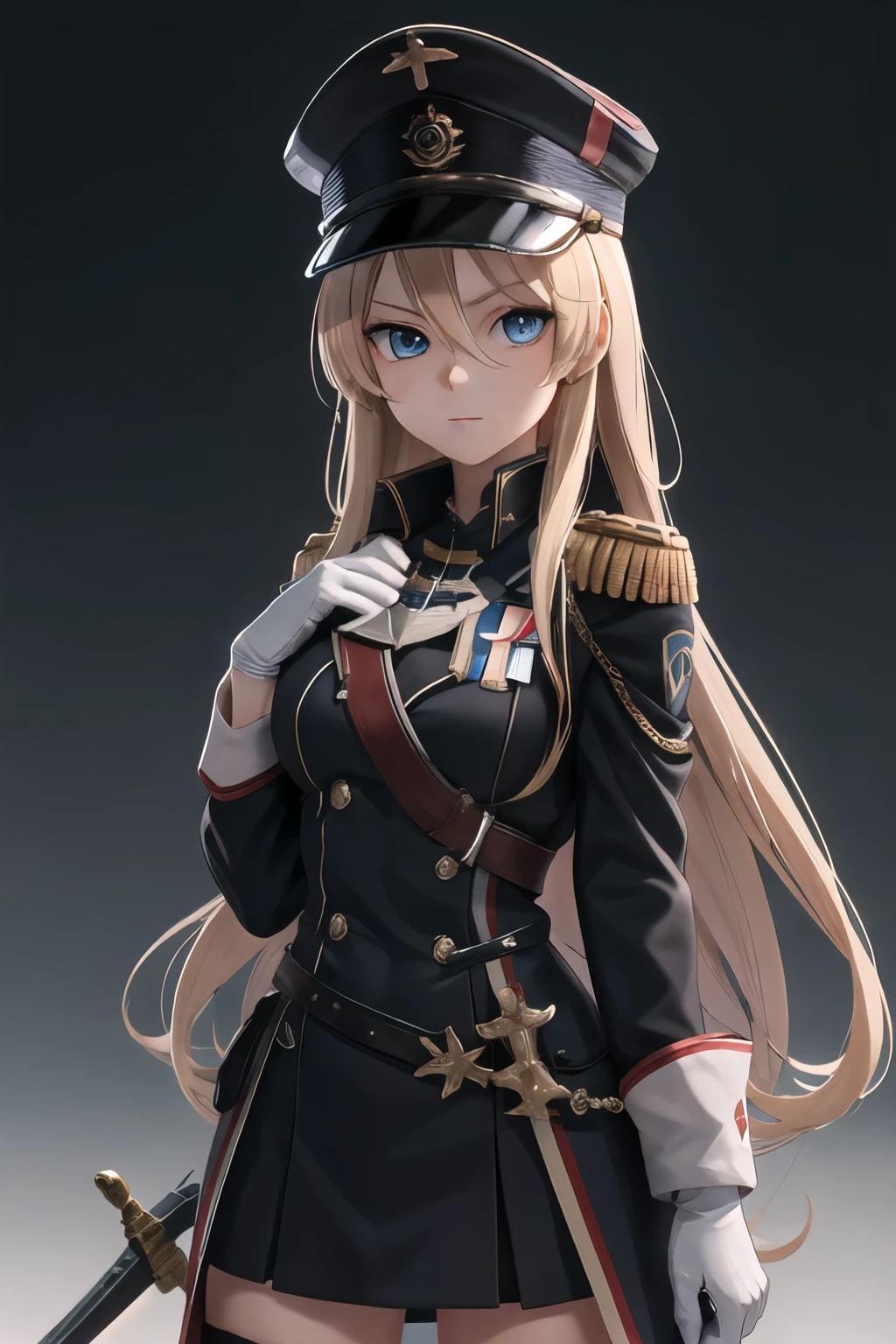 masterpiece, best quality, highres,  long hair, 1girl, solo,  bismarck, a woman wearing black BMR_uniform holding a sword, medal on left shoulder, BIS_hat, white glove,