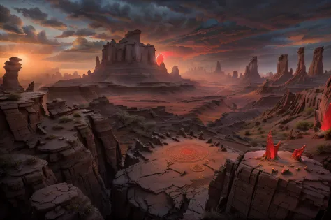 intricate detailed masterpiece, landscape, gufengmap, African savanna, Arizona badlands, wildlands, gray sky, red clouds, grand canyon, bright sun, boulders broken stones, ancient ruins, glowing magical runes, ethereal