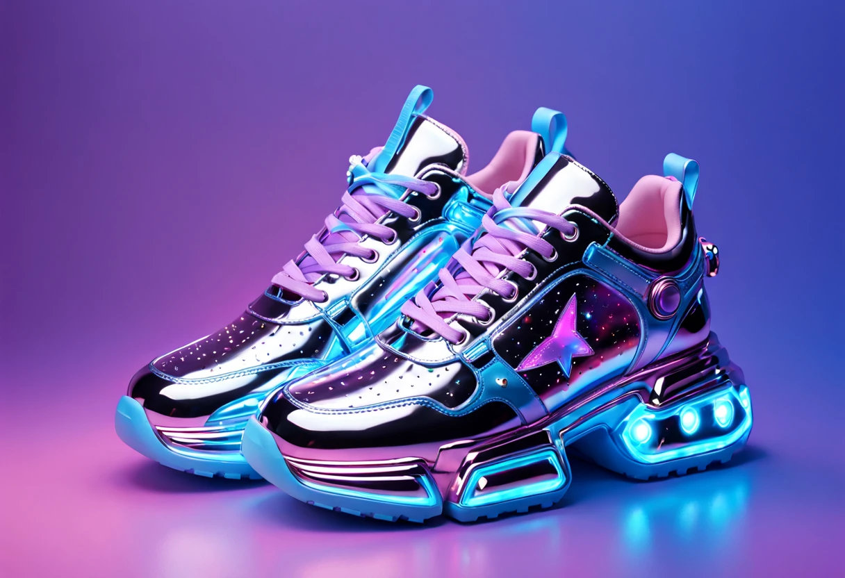 a pair of shiny silver blue sneakers on top of stars, in the style of rachel maclean, light purple and amber, chrome plated, in the style of futuristic sci fi aesthetic, light sky blue and light violet, clear colors, kawaii aesthetic, dark pink and blue, chromepunk, unreal engine 5, tanya shatseva, frozen movement, in the style of luminous 3d objects, light sky blue and light magenta, clear edge definition, gothic futurism, kawaii aesthetic, imax, gemstone, futuristic sneakers, heavy metal rave shoes, inflatable future shoes, sneaker shoes, purple and pink and blue neons, cyber universe style, purple and blue neons, sneaker design, maximalist vaporwave, vaporwave lights, purple and blue neon, holographic, holographic space