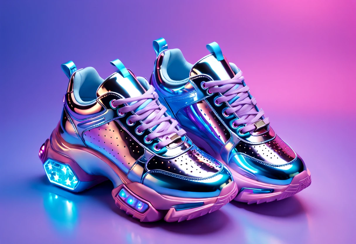 a pair of shiny silver blue sneakers on top of stars, in the style of rachel maclean, light purple and amber, chrome plated, in the style of futuristic sci fi aesthetic, light sky blue and light violet, clear colors, kawaii aesthetic, dark pink and blue, chromepunk, unreal engine 5, tanya shatseva, frozen movement, in the style of luminous 3d objects, light sky blue and light magenta, clear edge definition, gothic futurism, kawaii aesthetic, imax, gemstone, futuristic sneakers, heavy metal rave shoes, inflatable future shoes, sneaker shoes, purple and pink and blue neons, cyber universe style, purple and blue neons, sneaker design, maximalist vaporwave, vaporwave lights, purple and blue neon, holographic, holographic space