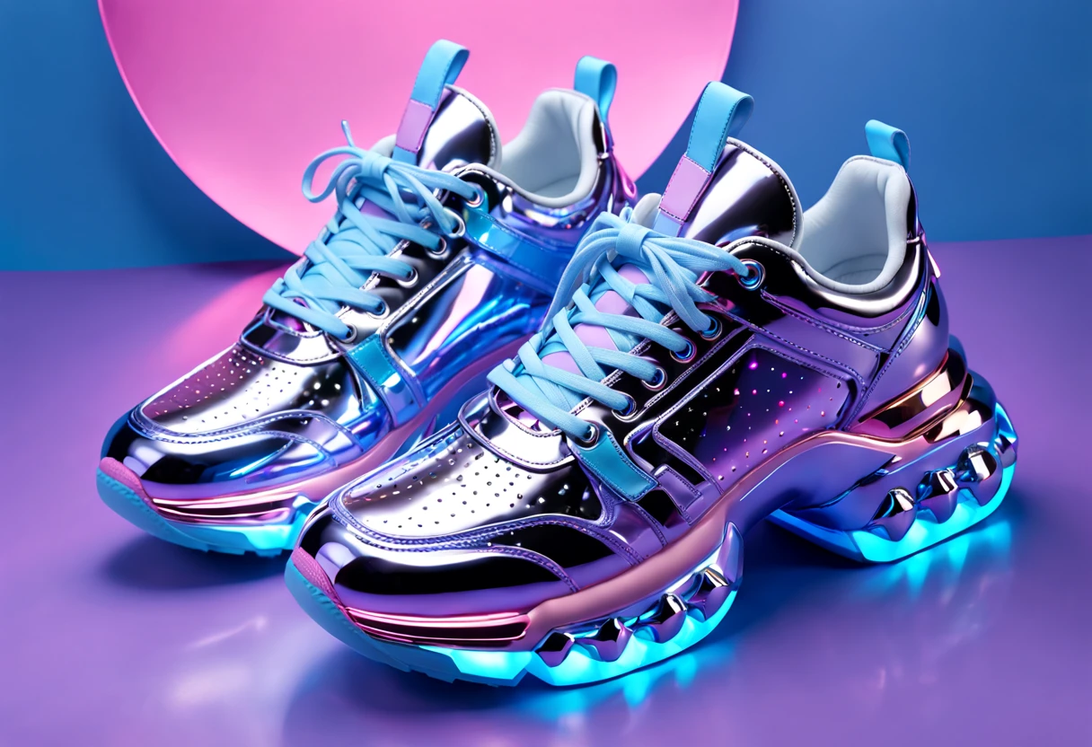 a pair of shiny silver blue sneakers on top of stars, in the style of rachel maclean, light purple and amber, chrome plated, in the style of futuristic sci fi aesthetic, light sky blue and light violet, clear colors, kawaii aesthetic, dark pink and blue, chromepunk, unreal engine 5, tanya shatseva, frozen movement, in the style of luminous 3d objects, light sky blue and light magenta, clear edge definition, gothic futurism, kawaii aesthetic, imax, gemstone, futuristic sneakers, heavy metal rave shoes, inflatable future shoes, sneaker shoes, purple and pink and blue neons, cyber universe style, purple and blue neons, sneaker design, maximalist vaporwave, vaporwave lights, purple and blue neon, holographic, holographic space