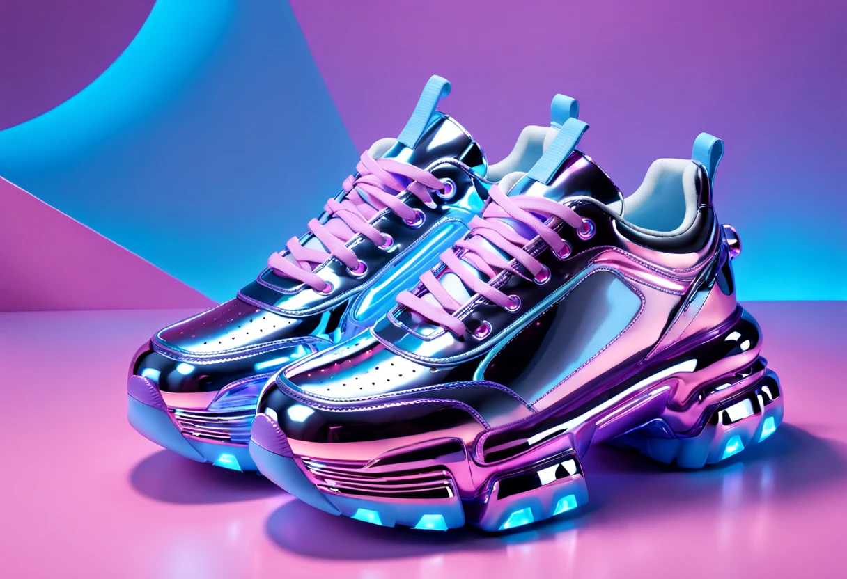 a pair of shiny silver blue sneakers on top of stars, in the style of rachel maclean, light purple and amber, chrome plated, in the style of futuristic sci fi aesthetic, light sky blue and light violet, clear colors, kawaii aesthetic, dark pink and blue, chromepunk, unreal engine 5, tanya shatseva, frozen movement, in the style of luminous 3d objects, light sky blue and light magenta, clear edge definition, gothic futurism, kawaii aesthetic, imax, gemstone, futuristic sneakers, heavy metal rave shoes, inflatable future shoes, sneaker shoes, purple and pink and blue neons, cyber universe style, purple and blue neons, sneaker design, maximalist vaporwave, vaporwave lights, purple and blue neon, holographic, holographic space