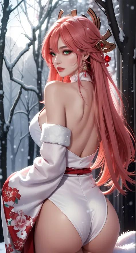 ((winter background)), ((Japan snowing forest background)), (((luminous background))), (turning back, (back shot), ass focus, br...