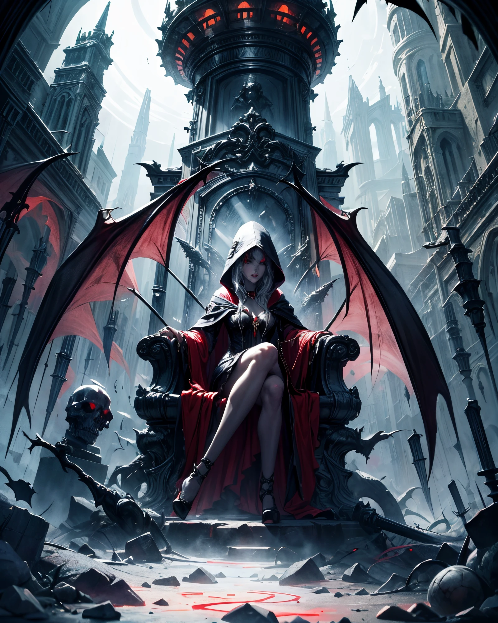 (best quality), (masterpiece), (high resolution), [:intricate details:], (detailed background) a hooded sex vampire woman sitting on a throne with skulls around her, she has red eyes,her outfit has red color, her skin is white like a vampire, dark fantasy art, vampire queen, gothic fantasy art, dark sorceress, abaddon and magali villeneuve, dark fantasy style art, epic fantasy art style hd, evil sorceress, necromancer sorceress, dark fantasy art, beautiful necromancer, (sage aura effect around the throne)