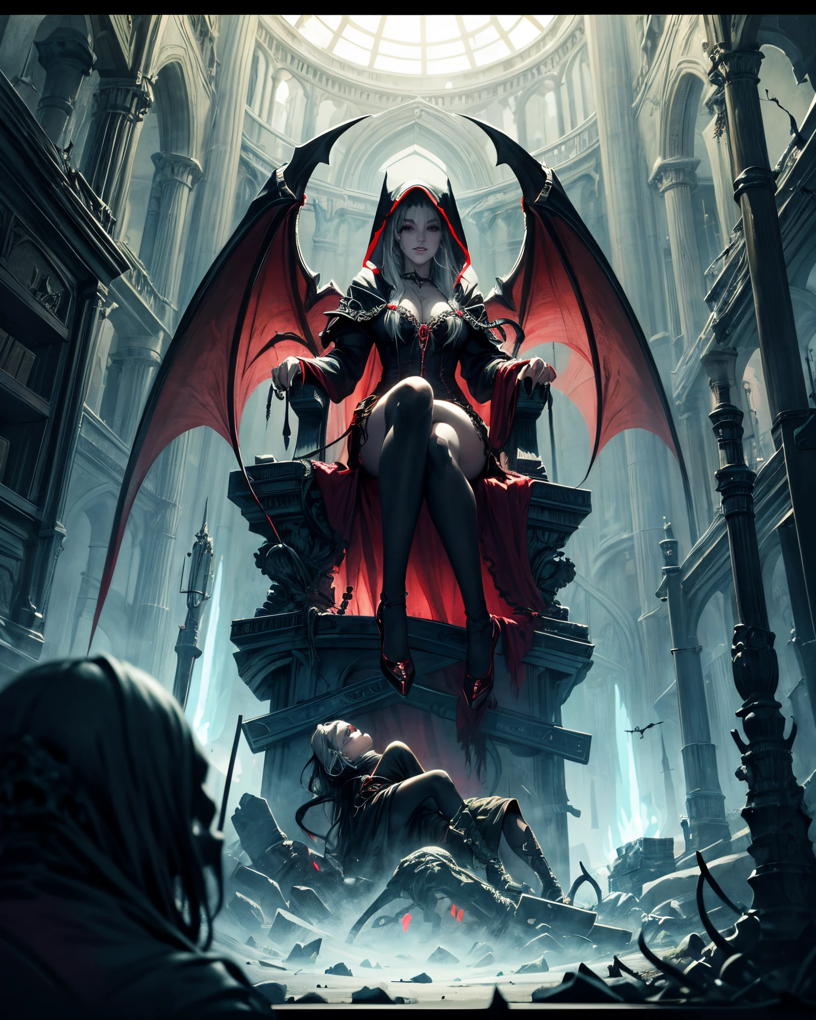 (best quality), (masterpiece), (high resolution), [:intricate details:], (detailed background) a hooded sex vampire woman sitting on a throne with skulls around her, she has red eyes,her outfit has red color, her skin is white like a vampire, dark fantasy art, vampire queen, gothic fantasy art, dark sorceress, abaddon and magali villeneuve, dark fantasy style art, epic fantasy art style hd, evil sorceress, necromancer sorceress, dark fantasy art, beautiful necromancer, (sage aura effect around the throne)