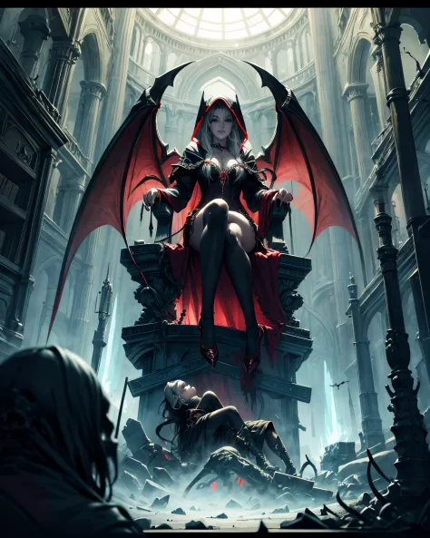 (best quality), (masterpiece), (high resolution), [:intricate details:], (detailed background) a hooded sex vampire woman sitting on a throne with skulls around her, she has red eyes,her outfit has red color, her skin is white like a vampire, dark fantasy ...