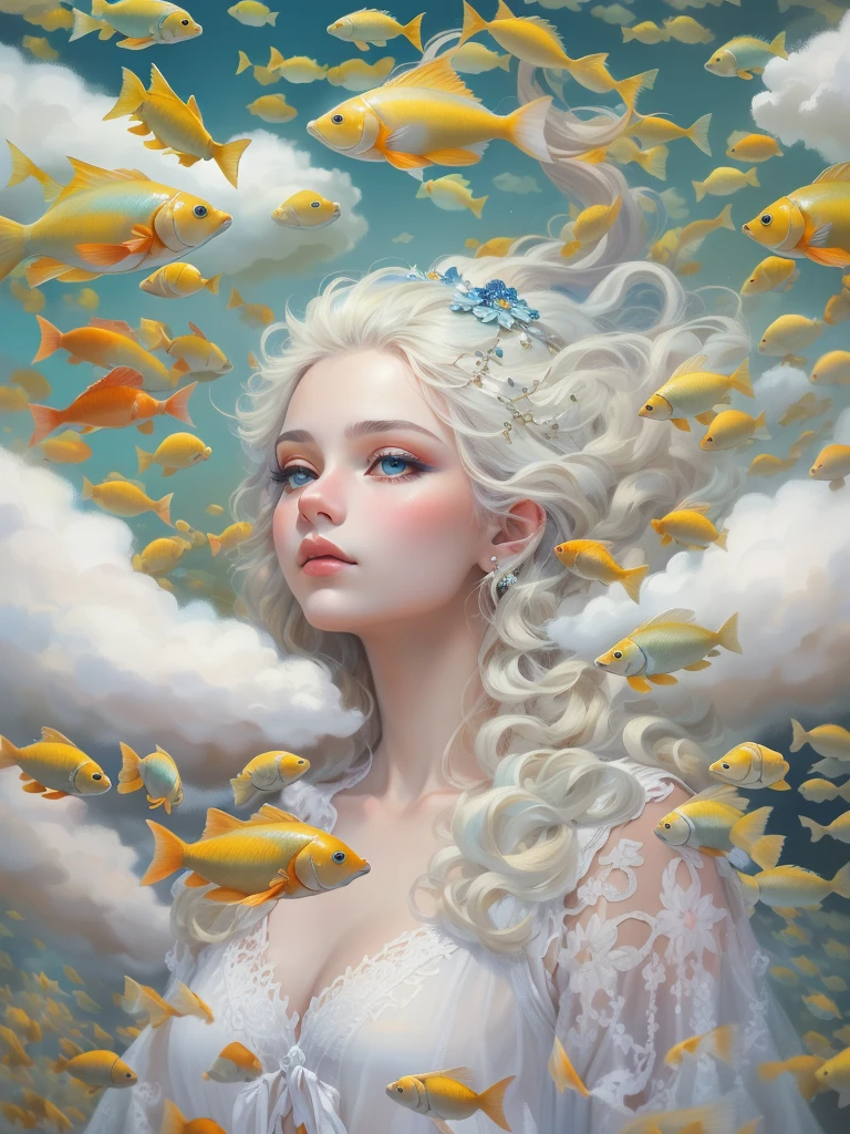 (most realistic, 4k, highres, masterpiece:1.2), oil paint, fantasy art:1.37, sky with fluffy clouds:1.37, (sad cloud goddess:1.37, bright eyes, light-colored hair, elaborate makeup, glowing skin, sheer clothing, surrounded by a school of fish:1.37), backlit, Gustav Klimt-style artwork, whimsical art style, in a white cloud paradise, beautiful fantasy art portrait