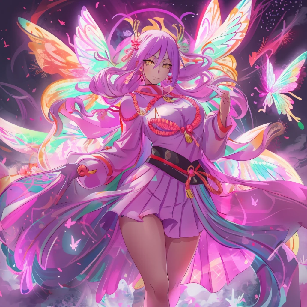 1girl, solo, looking at viewer, cowboy shot, hand arms full body,boots, standing,cute,breast, curvy, female,fantasy goddess,there is a cartoon picture of a woman with a very large breast, glowing divine being, glowing holy aura, inspired by Luma Rouge, the non-binary deity of spring, ethereal rainbow nimbus, the butterfly goddess of fire, inspired by Mariel, glowing aura around her, astral wind, as the goddess of the saturn, “uwu the prismatic person, big breast, serious, beautiful eyes, , full body, walking, long robe, long dress, ,priestess ,holy, smile, god rays, ray tracing, sparkle, cinematic lighting, UHD, retina, masterpiece, ccurate, anatomically correct, textured skin, super detail, high details, high quality, award winning, best quality, highres, 1080P, HD, 4K, thunder aura, light aura,full, snak staff,closed mouth #re:creators #maggane chikujoin: chikujoin magane sharp teeth single braid school uniform serafuku pleated skirt thighhighs gloves earrings Version No.:, long skirt, sharpteeth smile, pullover,tunic, standing, posing