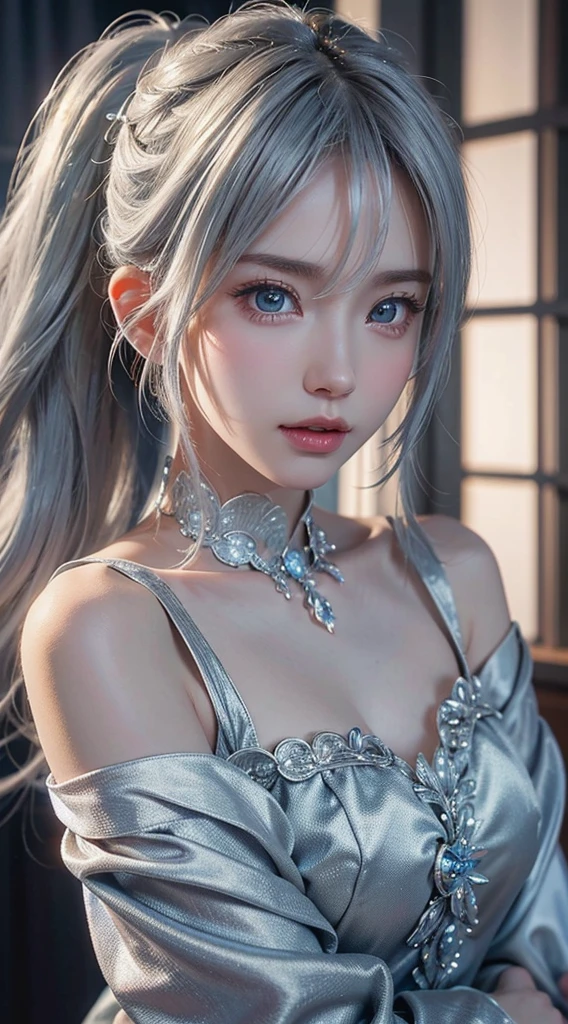 top-quality、8K Masterpiece、超A high resolution、(Photorealsitic:1.3)、Raw photo、女の子1人、silver white hair、poneyTail、glowy skin、1 super beautiful college girl、((super realistic details))、portlate、globalillumination、Shadow、octan render、in 8K、ultrasharp、highly intricate detail、Realistic light、CGSoation Trends、Beautiful eyes、radiant eyes、Facing the camera、