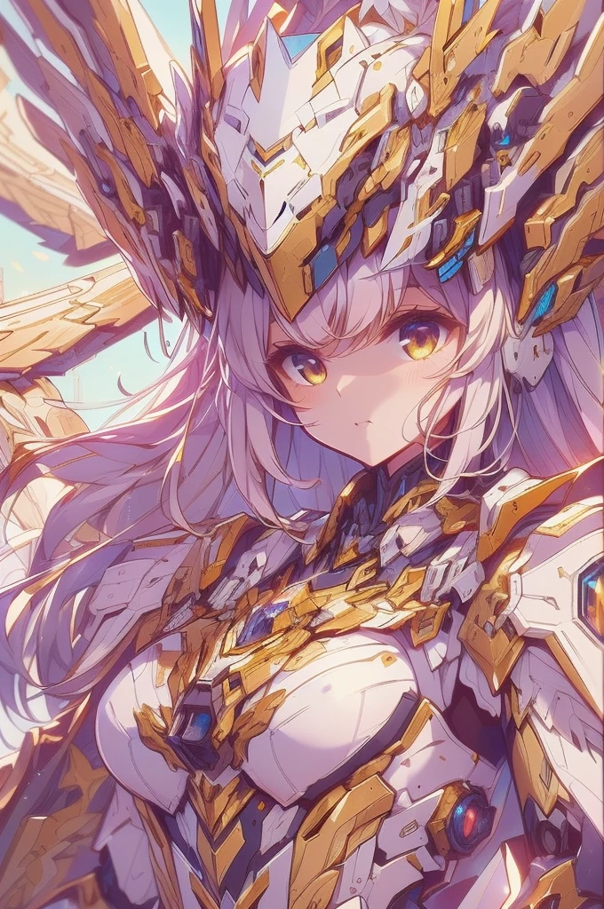 (best quality, masterpiece:1.4), high resolution, extremely details 8K unity CG wallpaper, (anime style, 2D illustration:1.3), BREAK girl, mecha girl, gundum impact, angel style, energy wings, huge mecha sword, golden and white theme armor, beauty background, medium close up, cutepainting