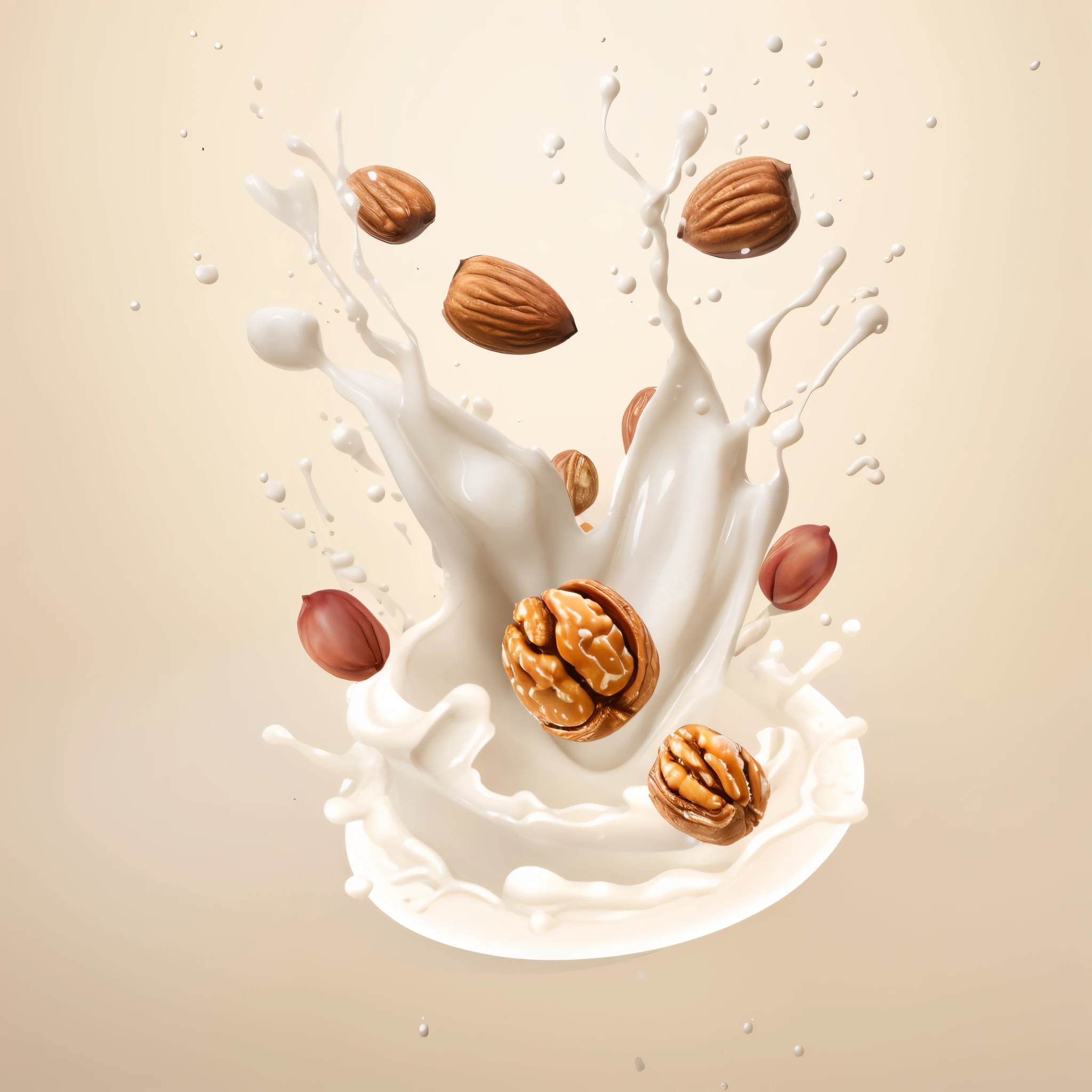 Alaphis cae en un chorrito de leche，Contiene nueces y leche., ilustración  3d suave, ilustración 3d suave, renderizado tópico de alta calidad,  composición muy detallada - SeaArt AI