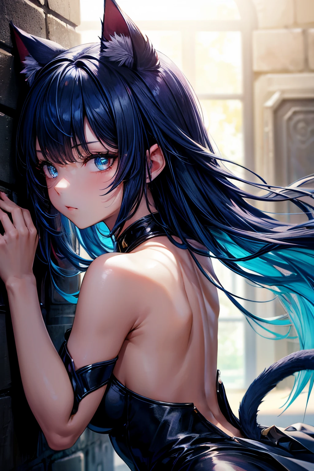 Anime girl with blue hair and black cats ears leaning against a wall -  SeaArt AI