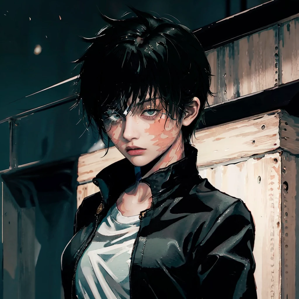 1girl, maki zenin in anime jujutsu kaisen, short hair , green hair, eyes , muscular, lots of scars, beautiful eyes, beautiful,  black clothes, realistic clothes, detail clothes, city background, ultra detail, realistic