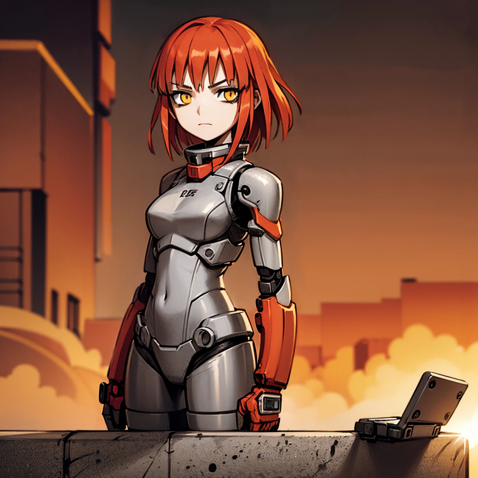 1 chica, cabello rojo, pelo medio, Ojos amarillos, chica robot, chica mecha, armadura de metal rojo, flotando el cielo, robot flotante, atardecer, cielo naranja, 4k, obra maestra, alta definición