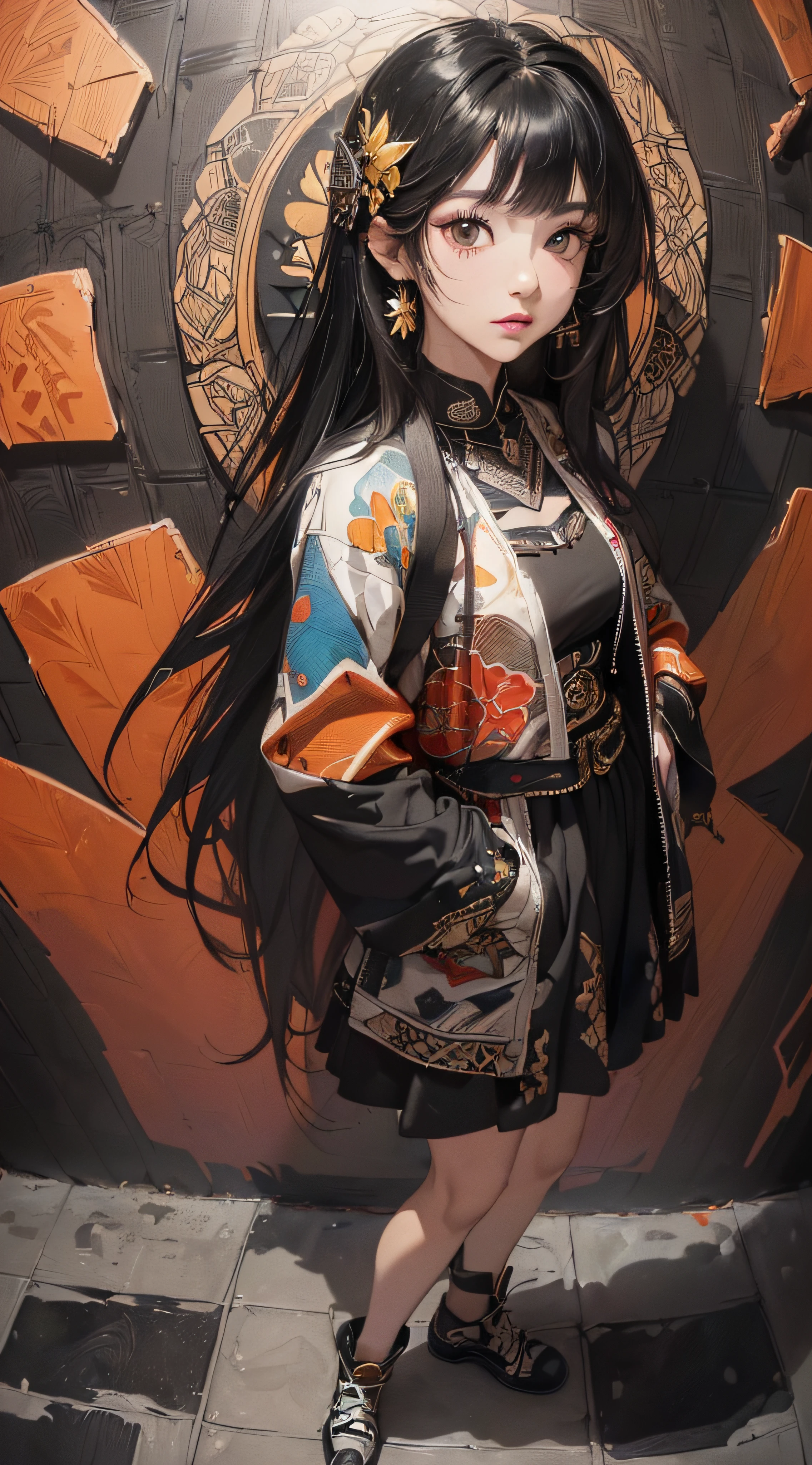 (((8k wallpaper of extremely detailed CG unit:1.2, ​masterpiece, hight resolution:1.2, top-quality:1.2, masutepiece))), ((a very beautiful woman, Hands in pockets:1.8, Grunge Fashion:1.2, Wearing a blouson:1.2, Wearing a long skirt, Wearing shoes)), ((extra detailed face, Highly detailed black eyes, extra detailed body, Top quality real texture skins)), (A dark-haired, length hair, de pele branca, Small:1.2), ((Colorful geometric patterns are painted all over the wall..., Colorful wall)), (high-angle:1.2, Fisheye:1.3), hyper realisitic, digitial painting,