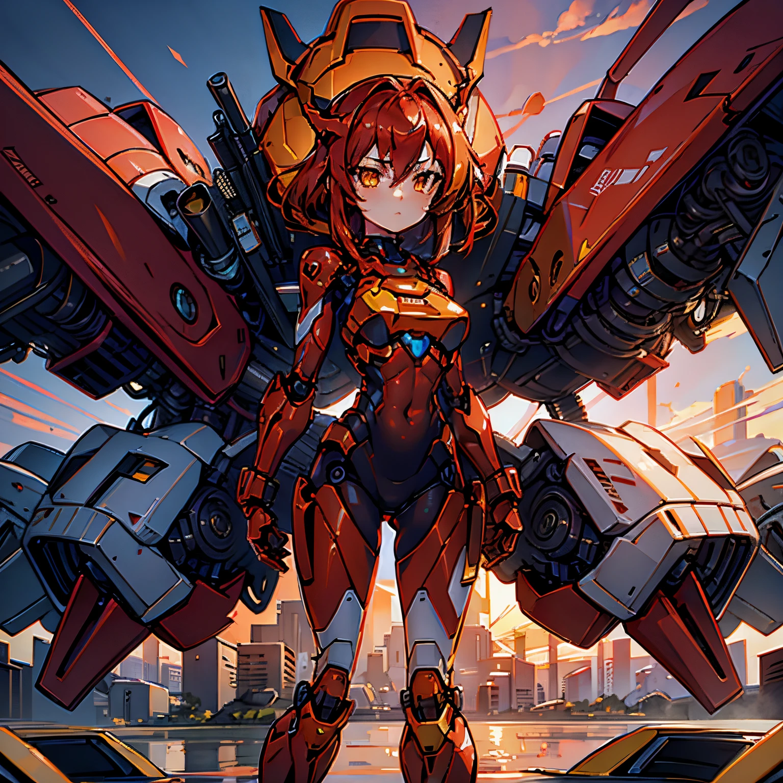 1Girl, red hair, medium hair, yellow eyes, robot girl, mecha girl, red metal armor, floating the sky, robot floating, sunset, orange sky, 4k, masterpiece, HD