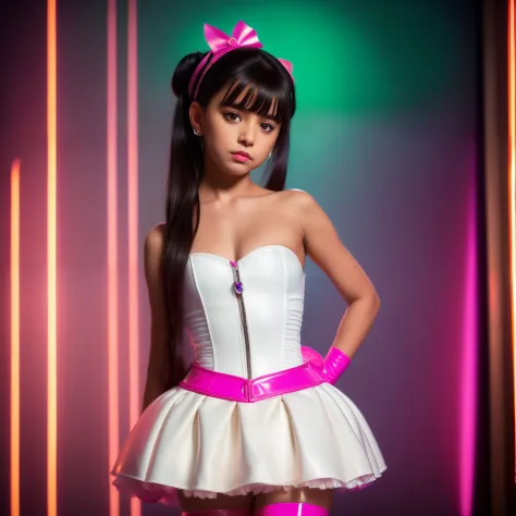 Portrait photo of a 8 year old pakistani girl wearing reavealing short tight glossy strapless neon shiny white latex pvc pink latex pvc cinched corset with tiny tight tight neon hot pink latex pvc pleated tutu, latex opera gloves, completely , hourglass wa...