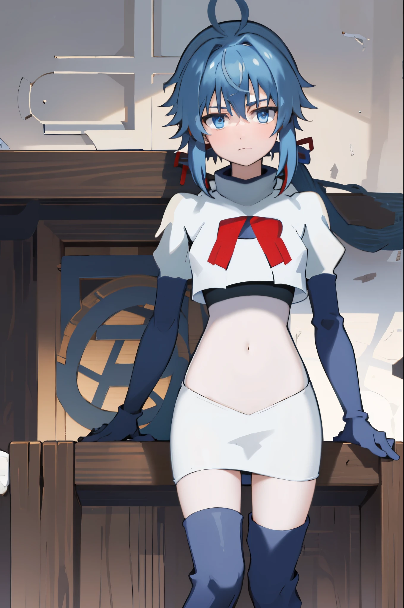 best quality, (masterpiece:1.2), detailed, medieval,
Re=L Rayford,
1girl, solo, closed mouth, 
short hair with long locks, blue hair, ponytail, blue eyes, red ribbon, sidelocks, ahoge,
team rocket,team rocket uniform,white skirt,crop top,red letter R,black thigh-high boots,black elbow gloves,