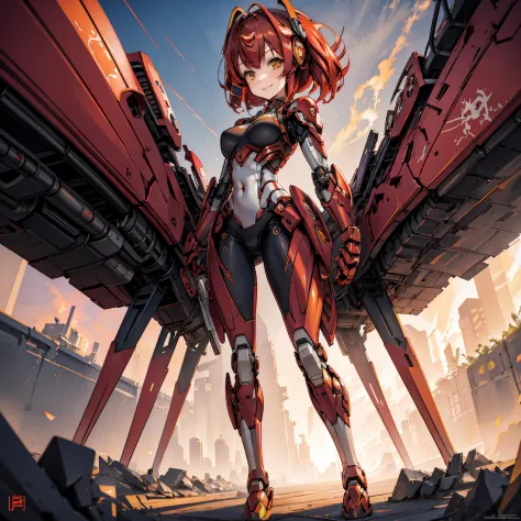 1girl, red hair, medium hair, yellow eyes, smiling, robot girl, mecha girl, red metal armor, floating the sky, robot floating, s...