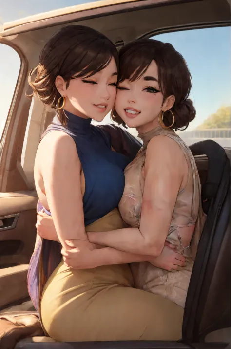 pixar characters two girls sitting in a car girl on the left has brown hair with highlights ,with her eyes closed she has black ...