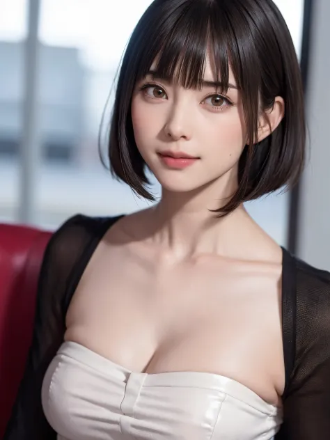 (​masterpiece, top-quality、Very attractive adult beauty、Add intense highlights to the eyes、Look firmly at the camera),1girl in, 独奏, Bangs brunette short bob hair, scarf,realisitic, looking at the viewers, brown eyes of light color、coat, Winter clothes, Whi...