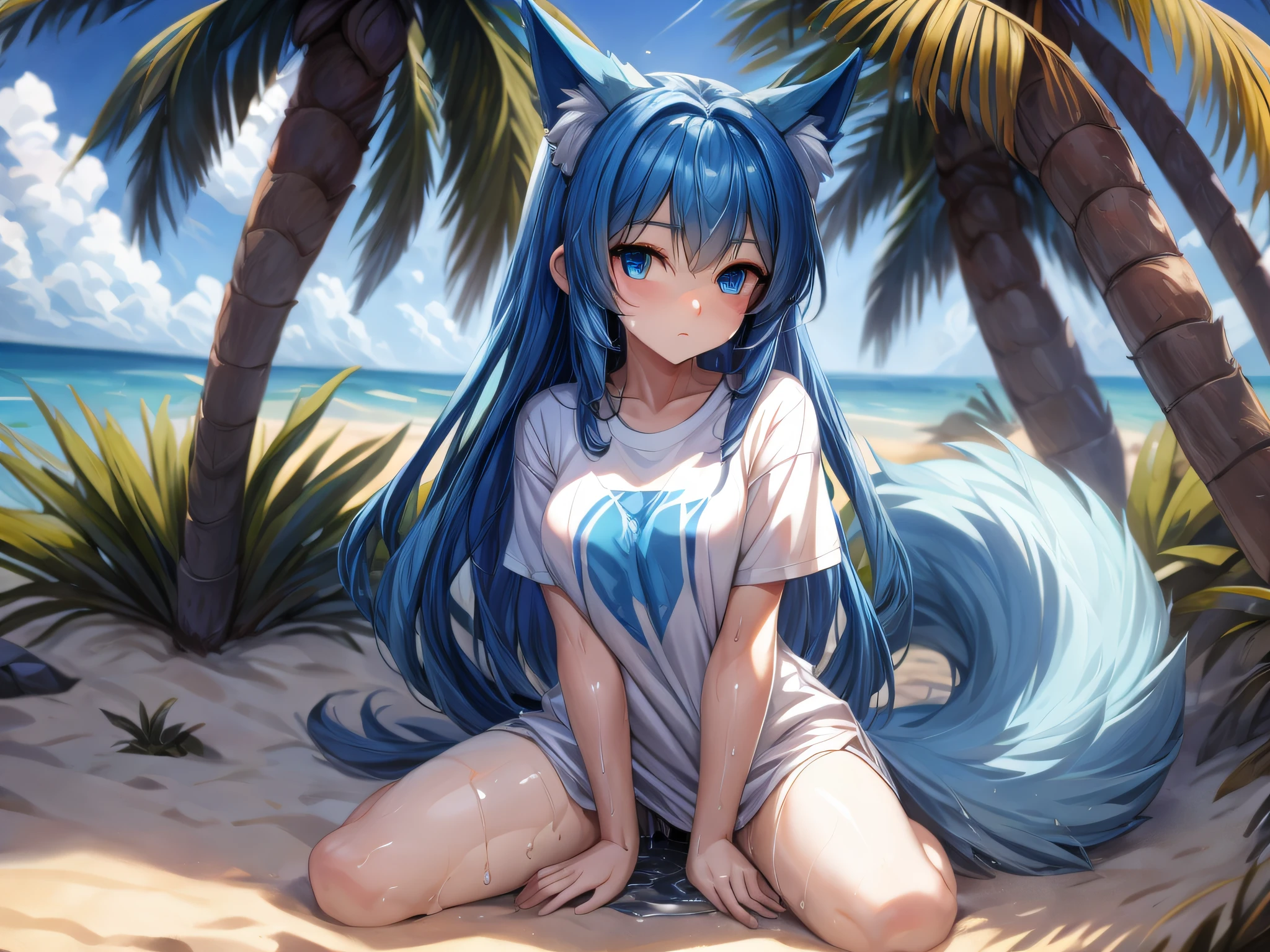 (Masterpiece) (High Detail) (High Res) A short petite humanoid girl with pale skin and blue eyes and long blue hair and blue dog ears and a big fluffy dog tail is sat against a palm tree alone on a small desert island. Wearing only an oversized t-shirt which is dirt and wet and ripped a little. Her hair is messy. She is soaking wet. Her clothes are wet and see-through.