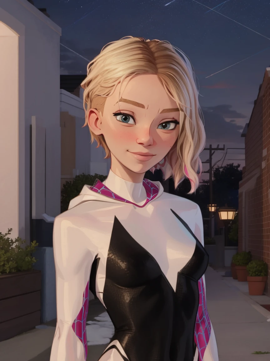 Gwen Stacy as spidergwen, hood, slight smile, night background - SeaArt AI