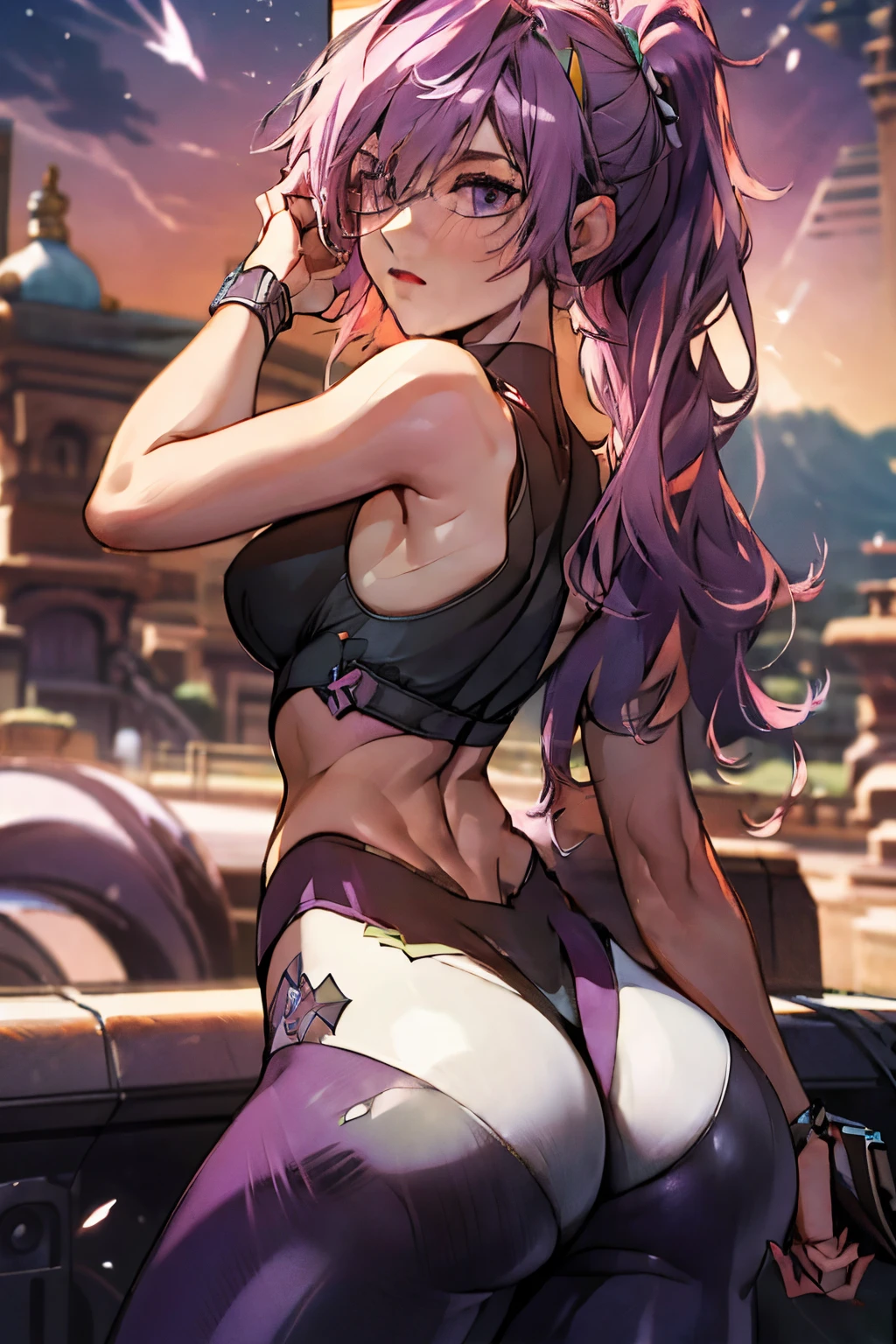 (masterpiece, best quality), high quality, absurdres, highres, ultra detailed, intricate, beautiful woman, 1girl, kafka \(honkai: star rail\), star-kafka, looking at viewer, from behind, looking back, ass, toned, sports bra, leggings, high-waist pants, yoga pants, ponytail, purple hair, purple eyes, sunglasses, hair between eyes, eyewear on head, outdoors,