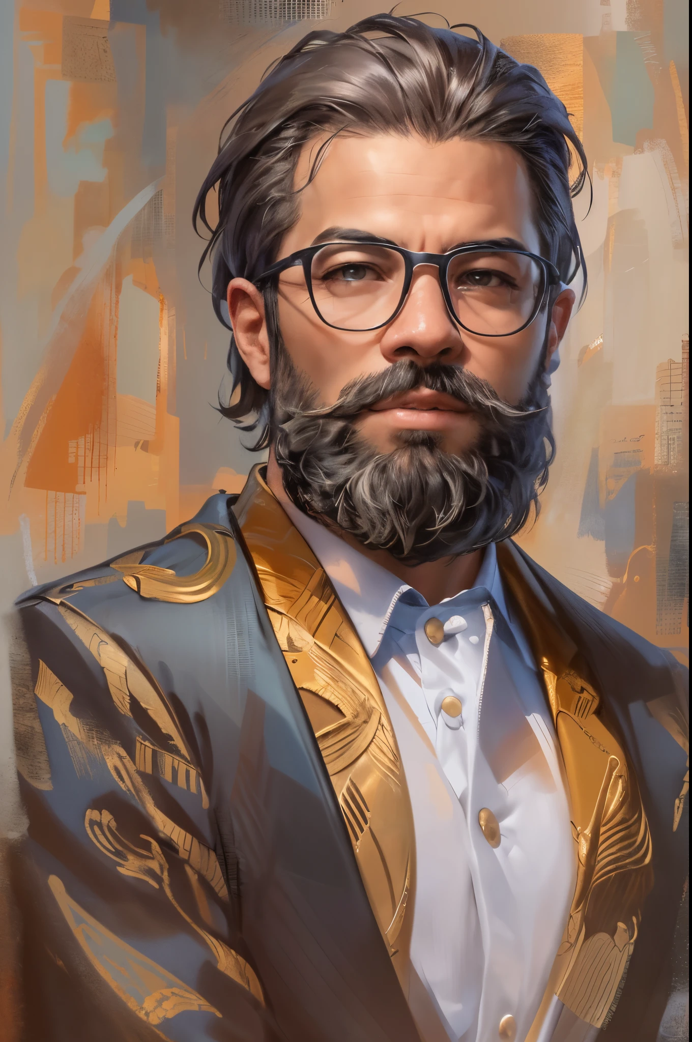 (best quality,4k,8k,highres,masterpiece:1.2),ultra-detailed,(realistic,photorealistic,photo-realistic:1.37),29 year old man,gradient hair,gradient beard,no mustache,strong jawline,sharp features,piercing eyes,intense gaze,distinguished appearance,sophisticated look,wise expression,wisdom and experience,confident smile,stylish outfit,fashionable attire,casual elegance,modern and classy,standing against a colorful abstract background,subtle lighting,soft shadows,rich color palette,vibrant hues,contrasting tones,artistic style,impressionist touch,elegant brushstrokes,texture and depth,realistic rendering,sophisticated details,meticulous attention to facial features,subtle wrinkles and lines,highly defined hair strands,perfectly groomed beard,fine skin texture and pores,detailed clothing folds and patterns,aesthetic composition,balanced and harmonious,fine art quality,painted on a canvas,portrait format,a masterpiece capturing the essence of age and wisdom.