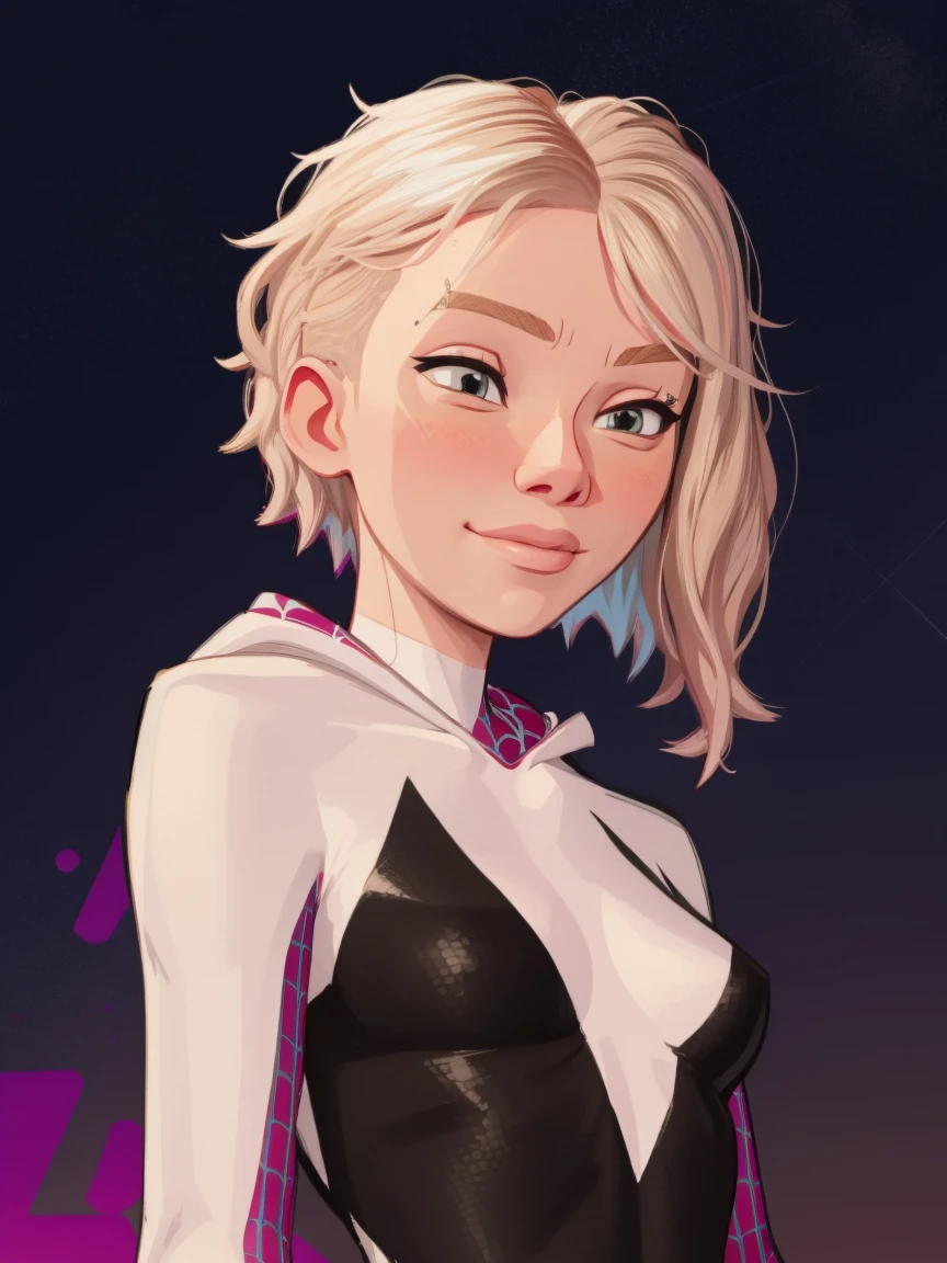 Gwen Stacy as spidergwen, hood, slight smile, night background - SeaArt AI