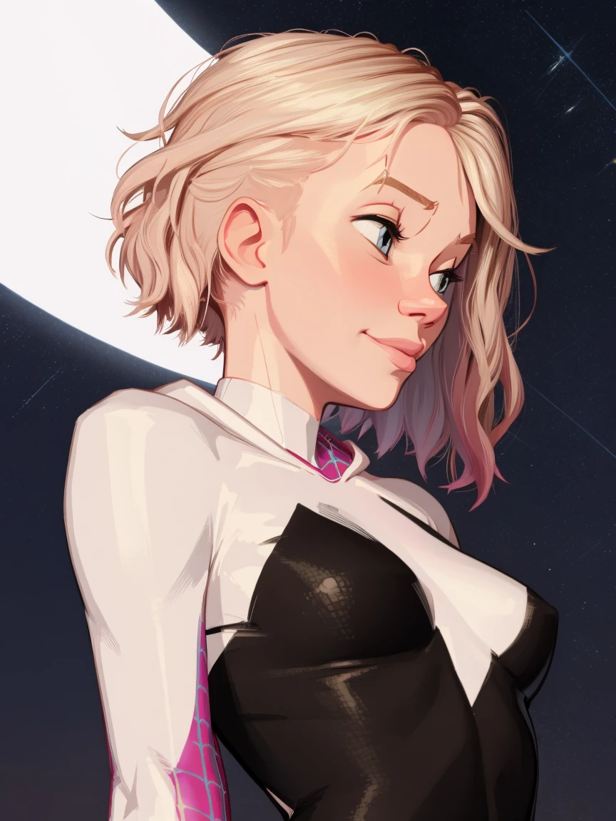 Gwen Stacy como Spidergwen, capucha, leve sonrisa, fondo nocturno,  estrellas, gwenstacy