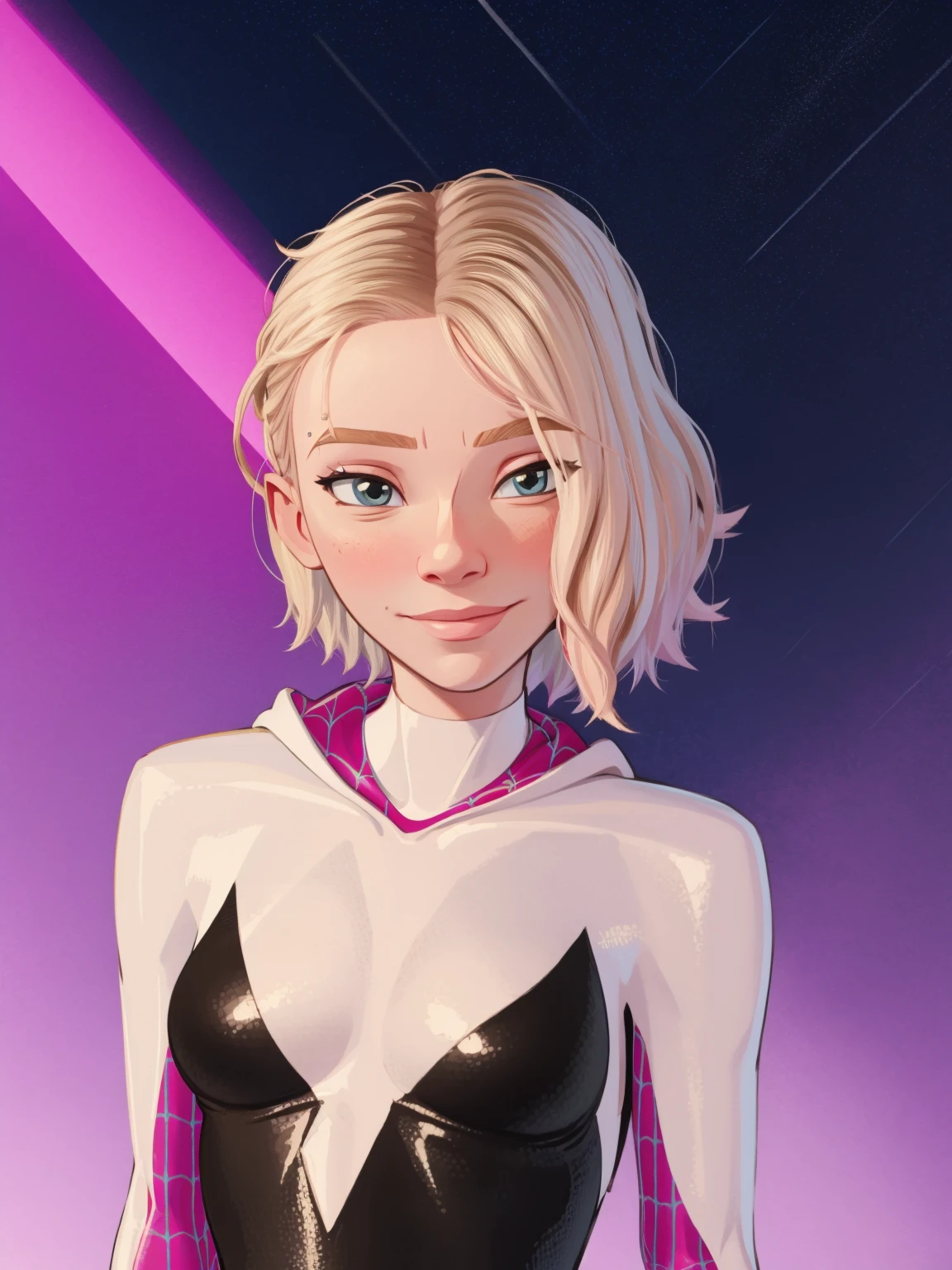 Gwen Stacy as spidergwen, hood, slight smile, night background - SeaArt AI