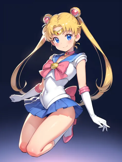 1girl, solo, (masterpiece), best quality, ultra-detailed, Sailor moon, aausagi, double bun, twintails, style, full body. fashion cloth, fancy. happy, smiling, vector style, vivid color, inside a circle, white background, sailor moon transformation
